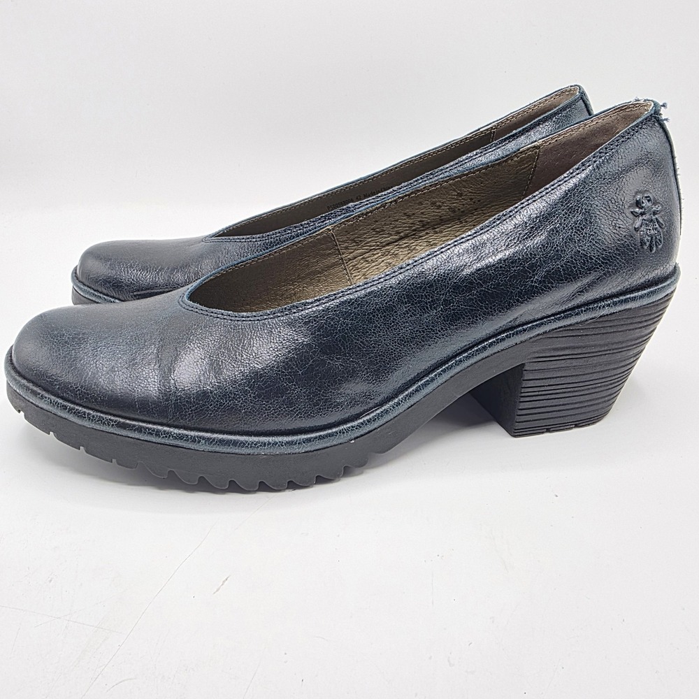 Fly London WALO988FLY Pumps SZ 11 Blue Teal Leather Chunky Heel Comfort Lug Sole